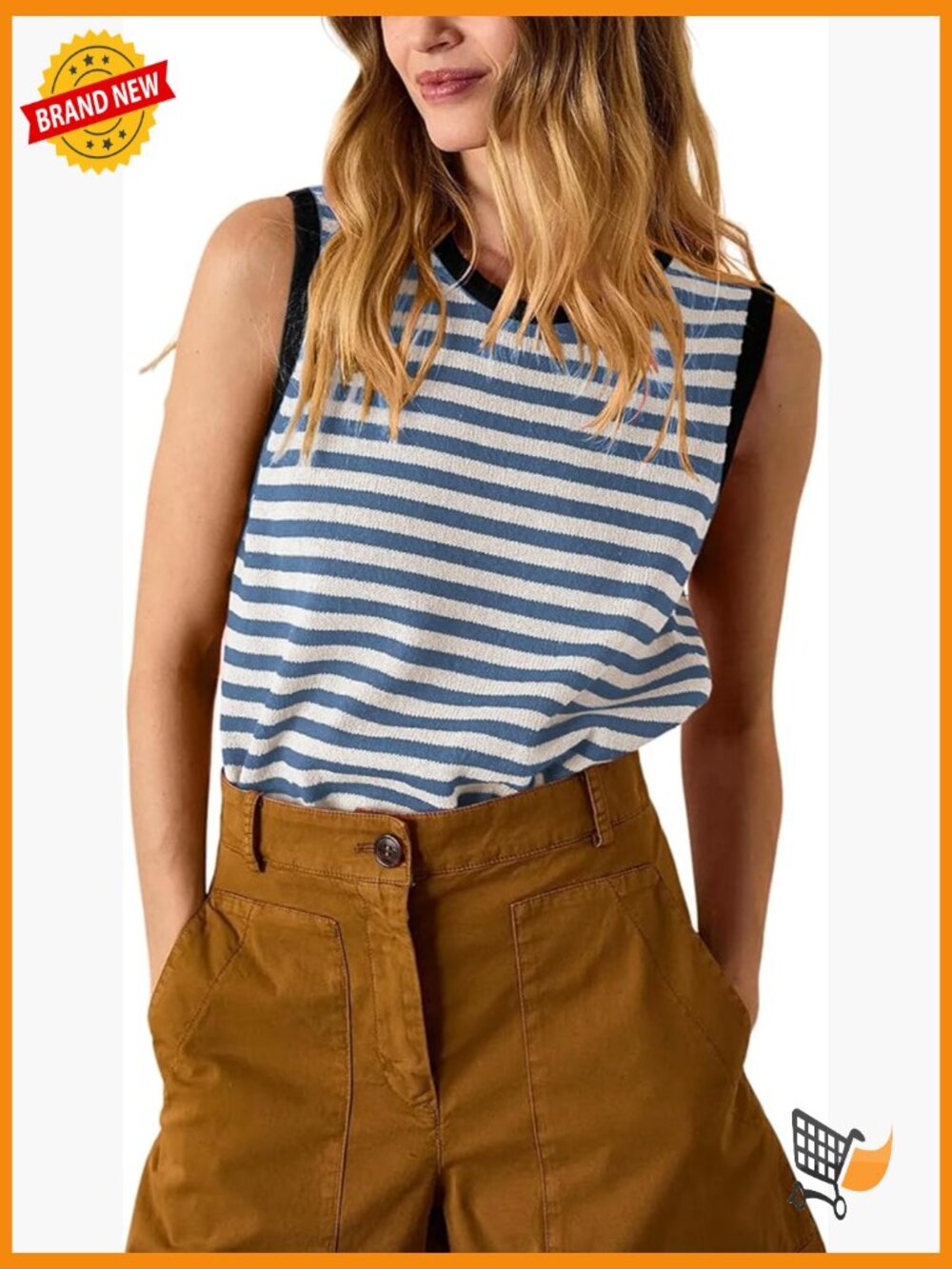 Striped Crewneck Sleeveless Sweater Vest Ribbed Knit Pullover